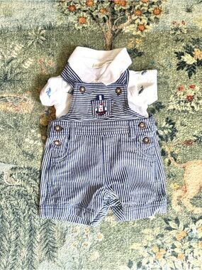 JoJo Maman Bebe Striped Blue Baby Overalls with White Polo, 0-3 Months